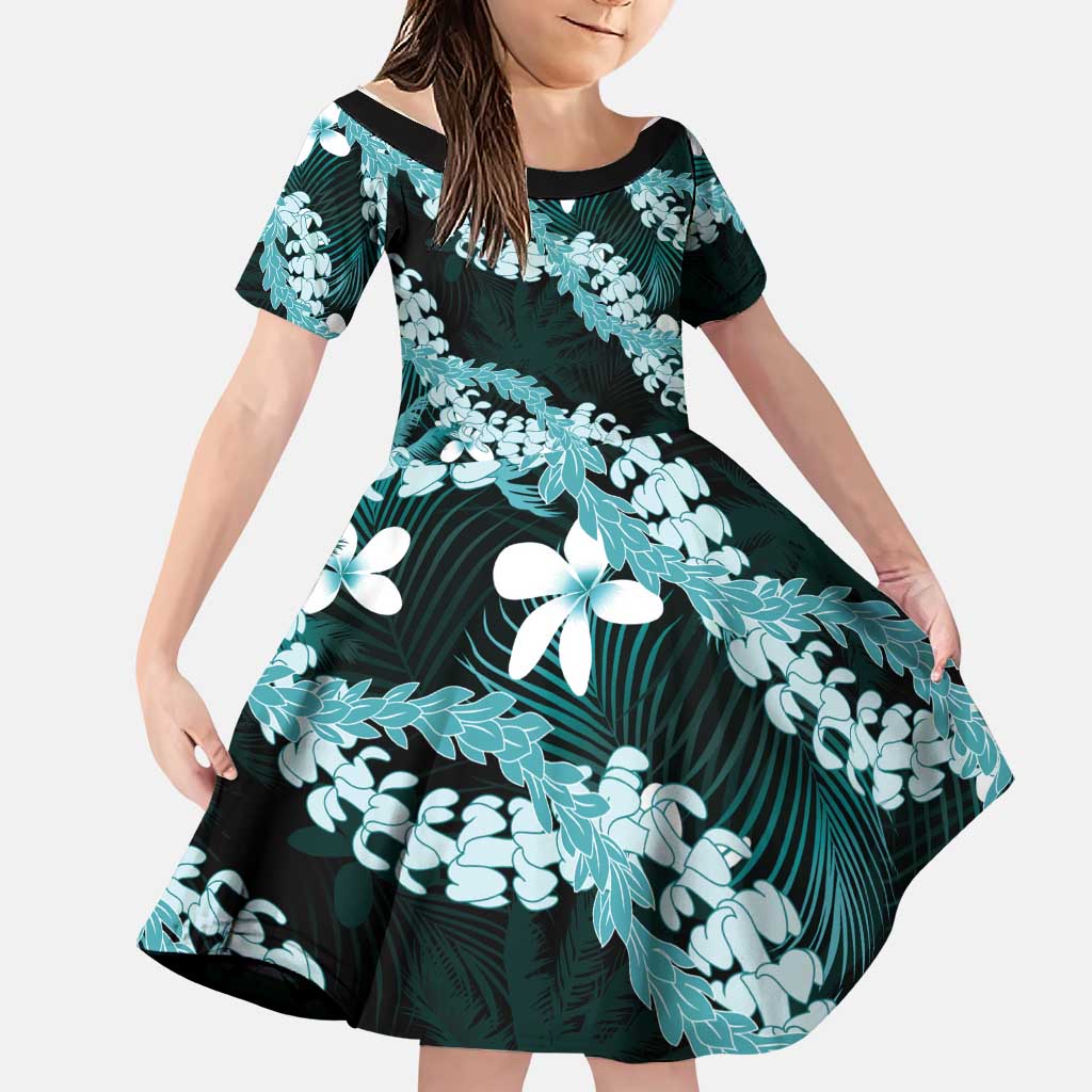 Puakenikeni Maile Lei Family Matching Off Shoulder Short Dress and Hawaiian Shirt Frangipani Turquoise Tropical Leaves LT01 Daughter's Dress Turquoise - Polynesian Pride