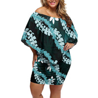 Puakenikeni Maile Lei Family Matching Off Shoulder Short Dress and Hawaiian Shirt Frangipani Turquoise Tropical Leaves LT01 Mom's Dress Turquoise - Polynesian Pride