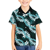Puakenikeni Maile Lei Family Matching Off Shoulder Short Dress and Hawaiian Shirt Frangipani Turquoise Tropical Leaves LT01 Son's Shirt Turquoise - Polynesian Pride