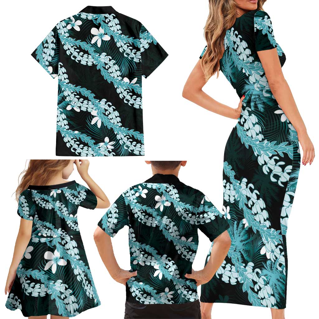 Puakenikeni Maile Lei Family Matching Short Sleeve Bodycon Dress and Hawaiian Shirt Frangipani Turquoise Tropical Leaves LT01 - Polynesian Pride