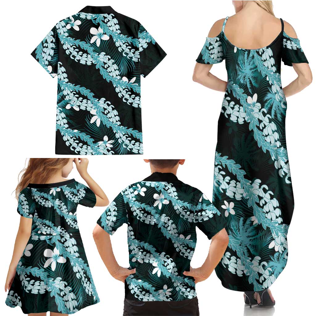 Puakenikeni Maile Lei Family Matching Summer Maxi Dress and Hawaiian Shirt Frangipani Turquoise Tropical Leaves LT01 - Polynesian Pride