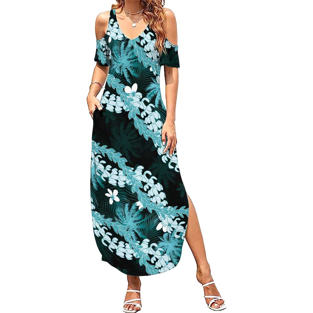 Puakenikeni Maile Lei Family Matching Summer Maxi Dress and Hawaiian Shirt Frangipani Turquoise Tropical Leaves LT01 Mom's Dress Turquoise - Polynesian Pride