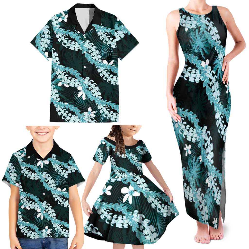 Puakenikeni Maile Lei Family Matching Tank Maxi Dress and Hawaiian Shirt Frangipani Turquoise Tropical Leaves