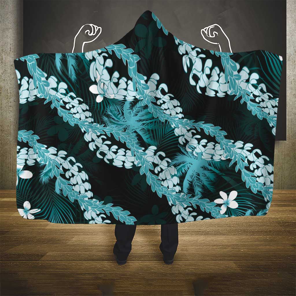Puakenikeni Maile Lei Hooded Blanket Frangipani Turquoise Tropical Leaves