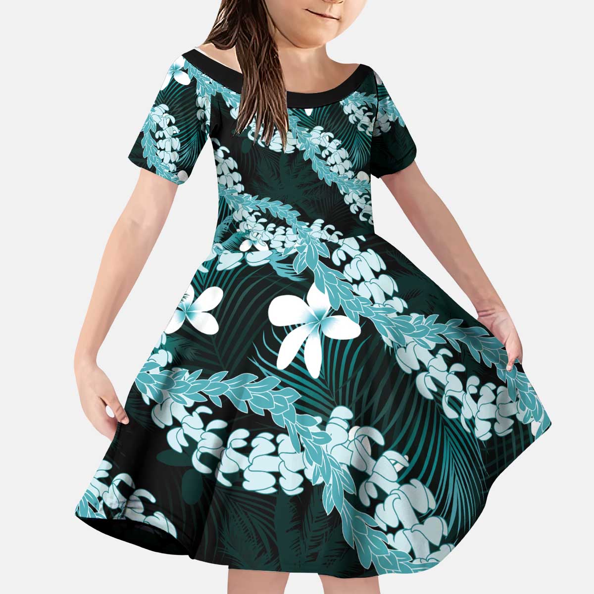 Puakenikeni Maile Lei Kid Short Sleeve Dress Frangipani Turquoise Tropical Leaves LT01 KID Turquoise - Polynesian Pride
