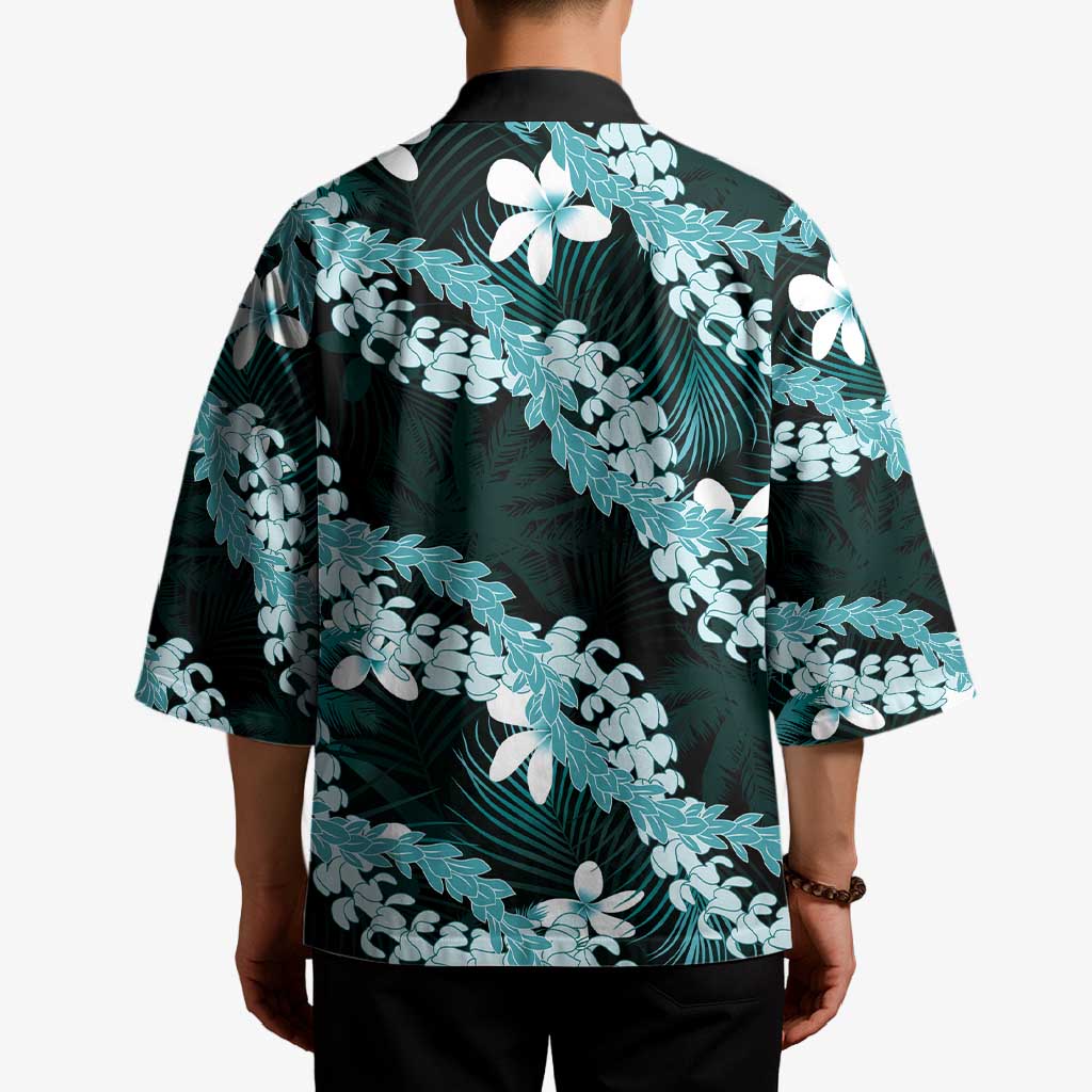Puakenikeni Maile Lei Kimono Frangipani Turquoise Tropical Leaves