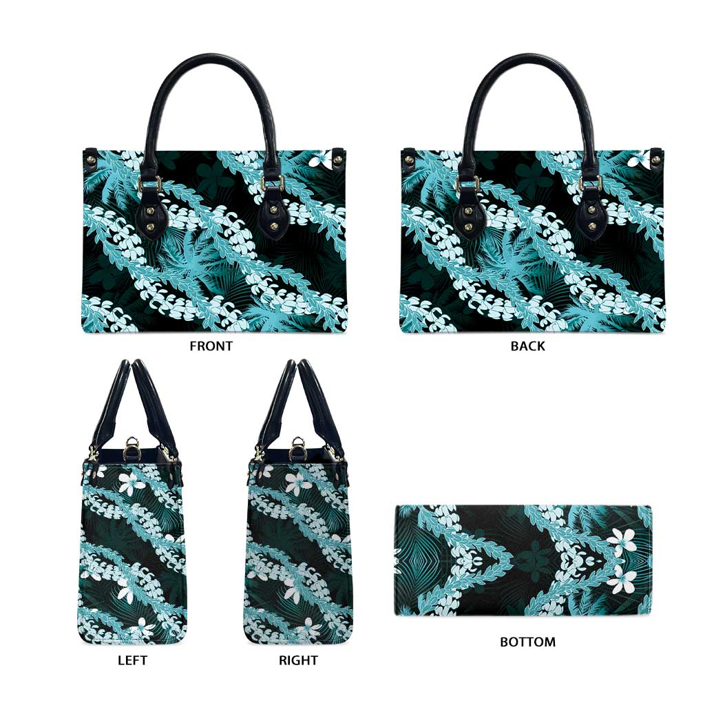 Puakenikeni Maile Lei Leather Bag Frangipani Turquoise Tropical Leaves
