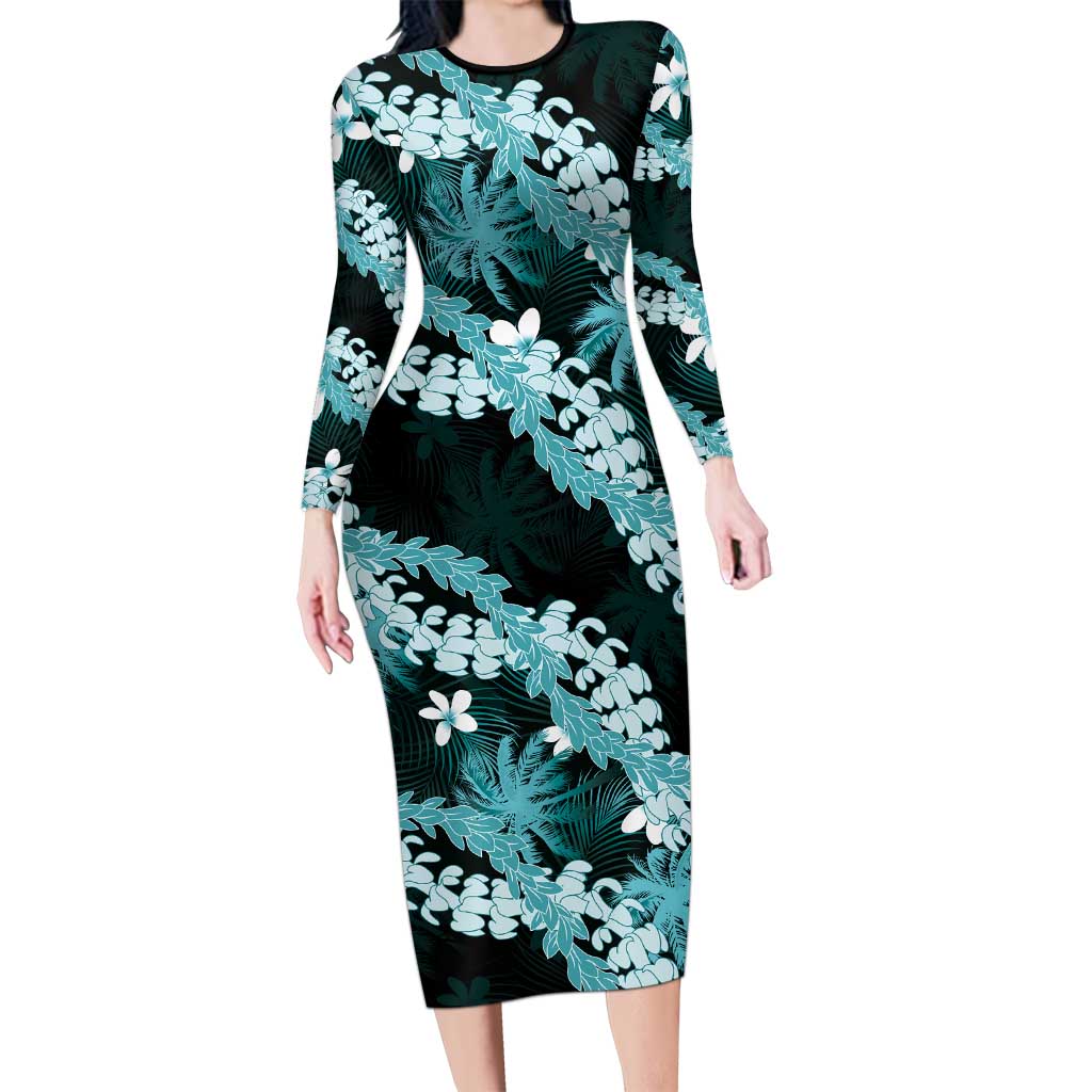 Puakenikeni Maile Lei Long Sleeve Bodycon Dress Frangipani Turquoise Tropical Leaves LT01 Long Dress Turquoise - Polynesian Pride