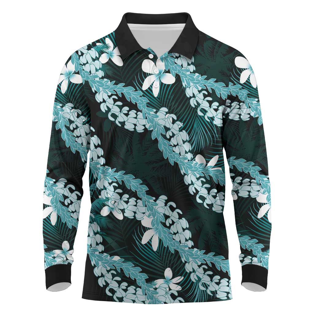 Puakenikeni Maile Lei Long Sleeve Polo Shirt Frangipani Turquoise Tropical Leaves LT01 Turquoise - Polynesian Pride