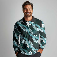 Puakenikeni Maile Lei Long Sleeve Polo Shirt Frangipani Turquoise Tropical Leaves LT01 - Polynesian Pride