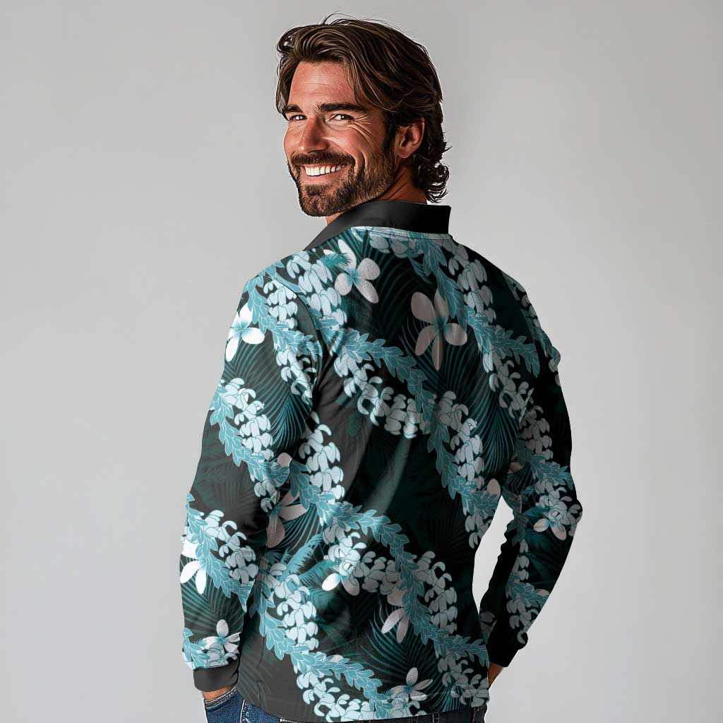 Puakenikeni Maile Lei Long Sleeve Polo Shirt Frangipani Turquoise Tropical Leaves LT01 - Polynesian Pride