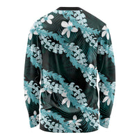 Puakenikeni Maile Lei Long Sleeve Shirt Frangipani Turquoise Tropical Leaves