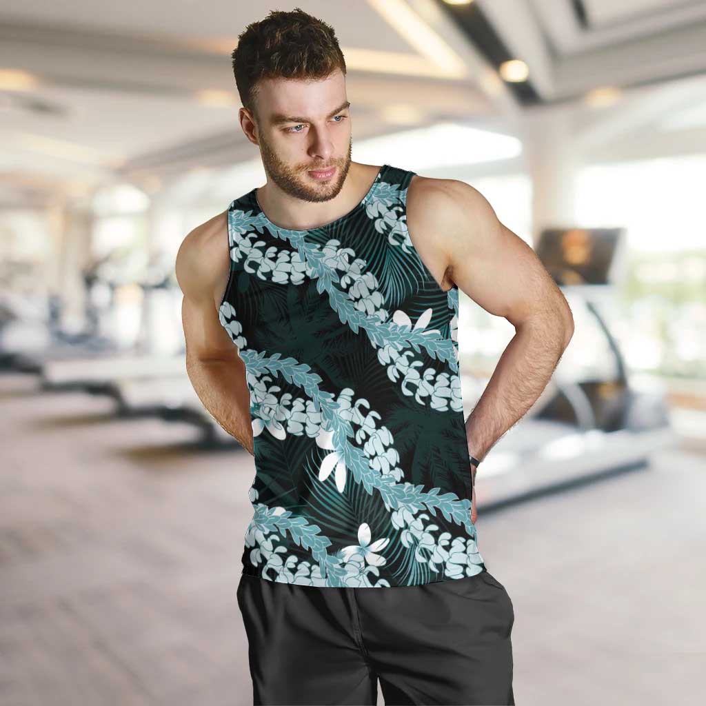 Puakenikeni Maile Lei Men Tank Top Frangipani Turquoise Tropical Leaves