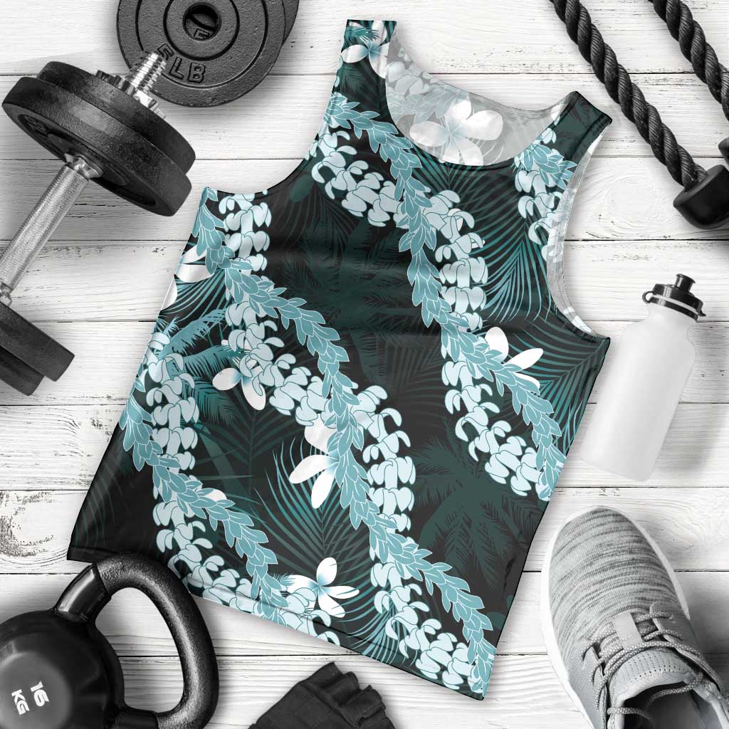Puakenikeni Maile Lei Men Tank Top Frangipani Turquoise Tropical Leaves