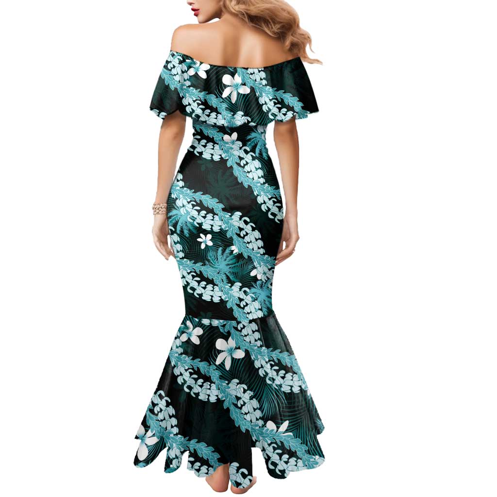 Puakenikeni Maile Lei Mermaid Dress Frangipani Turquoise Tropical Leaves LT01 - Polynesian Pride