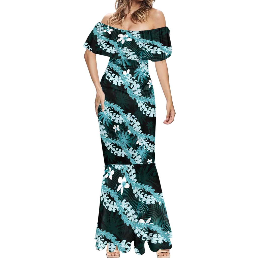 Puakenikeni Maile Lei Mermaid Dress Frangipani Turquoise Tropical Leaves LT01 - Polynesian Pride