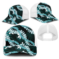 Puakenikeni Maile Lei Mesh Trucker Cap Frangipani Turquoise Tropical Leaves