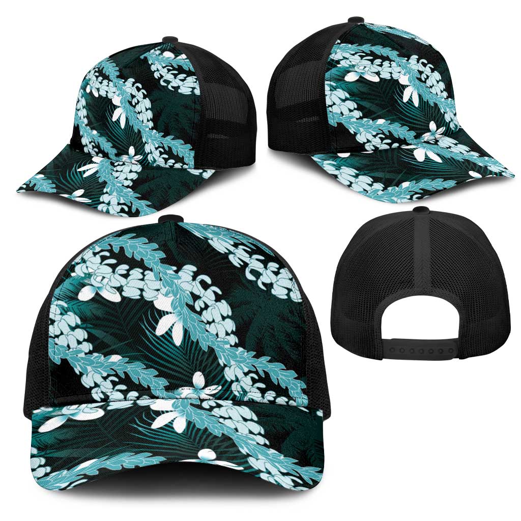 Puakenikeni Maile Lei Mesh Trucker Cap Frangipani Turquoise Tropical Leaves