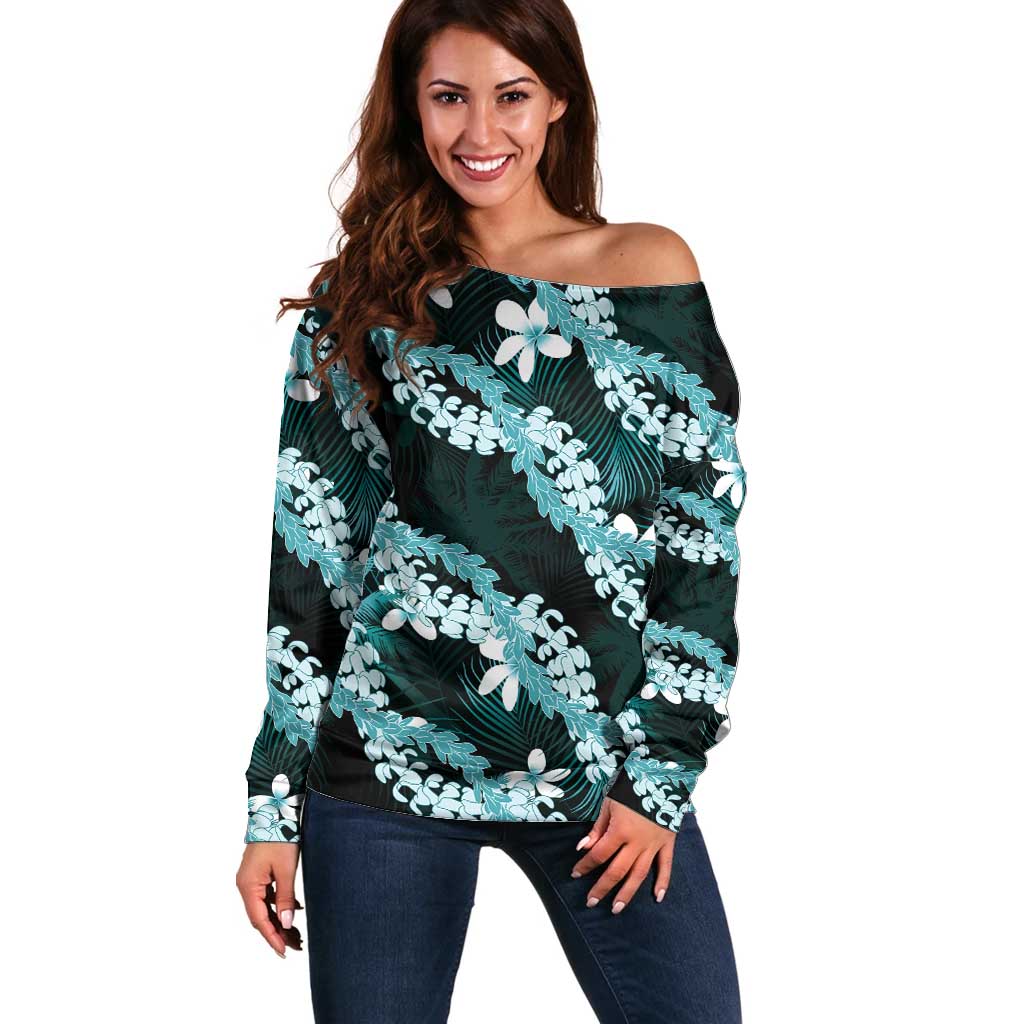 Puakenikeni Maile Lei Off Shoulder Sweater Frangipani Turquoise Tropical Leaves LT01 Women Turquoise - Polynesian Pride