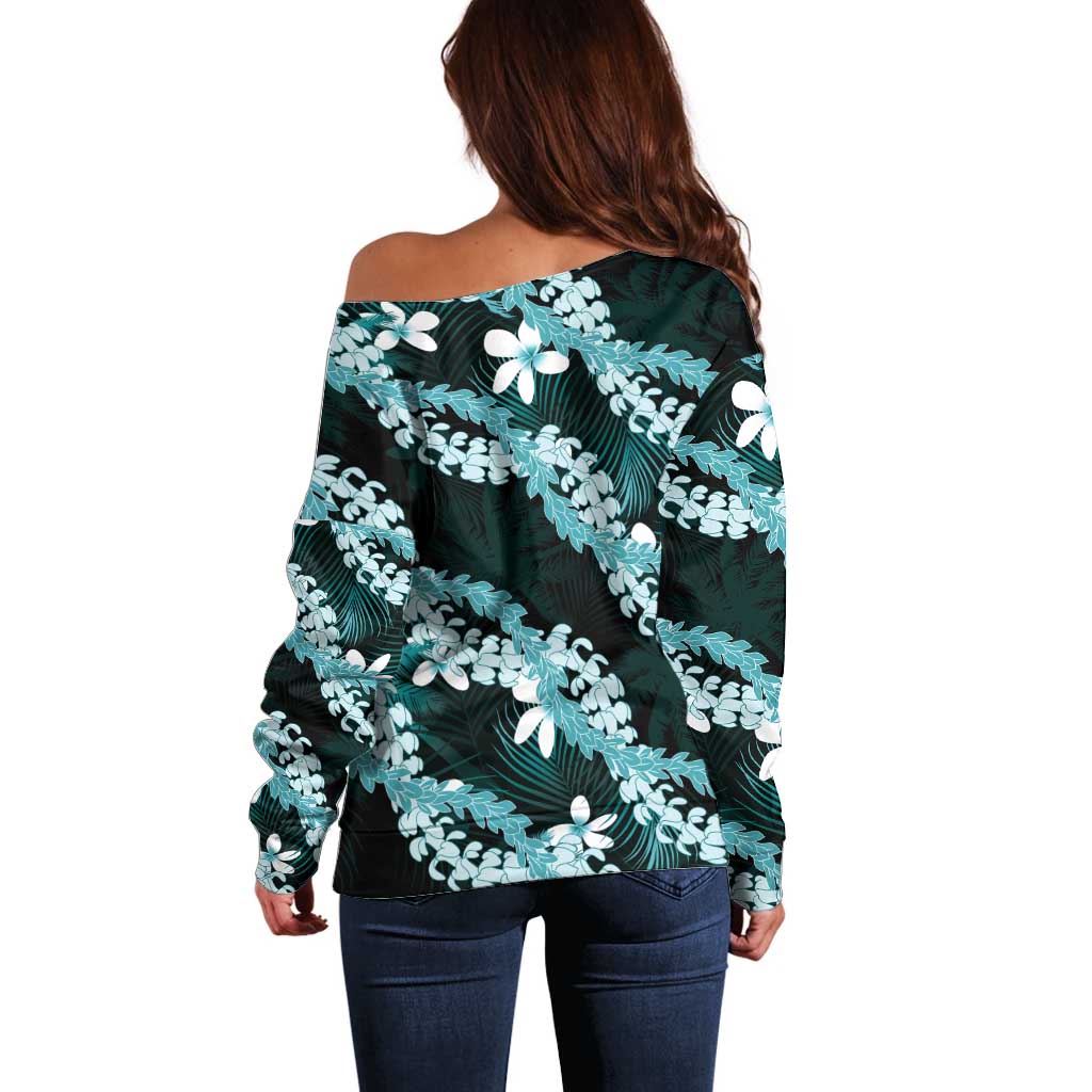 Puakenikeni Maile Lei Off Shoulder Sweater Frangipani Turquoise Tropical Leaves LT01 - Polynesian Pride