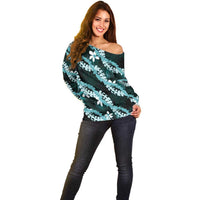 Puakenikeni Maile Lei Off Shoulder Sweater Frangipani Turquoise Tropical Leaves LT01 - Polynesian Pride