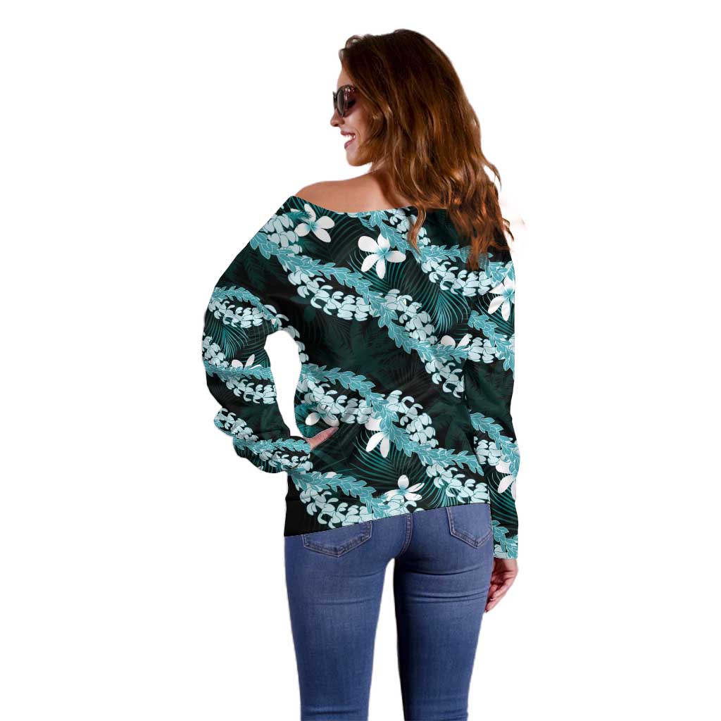 Puakenikeni Maile Lei Off Shoulder Sweater Frangipani Turquoise Tropical Leaves LT01 - Polynesian Pride