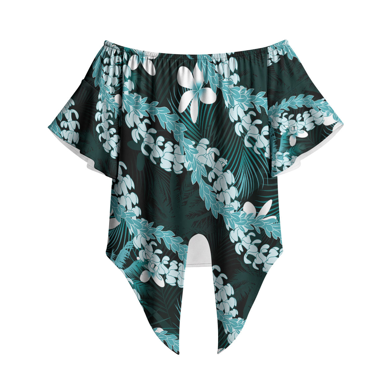 Puakenikeni Maile Lei Off Shoulder Wrap Waist Top Frangipani Turquoise Tropical Leaves LT01 Turquoise - Polynesian Pride