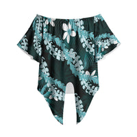 Puakenikeni Maile Lei Off Shoulder Wrap Waist Top Frangipani Turquoise Tropical Leaves LT01 Turquoise - Polynesian Pride