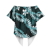 Puakenikeni Maile Lei Off Shoulder Wrap Waist Top Frangipani Turquoise Tropical Leaves LT01 - Polynesian Pride