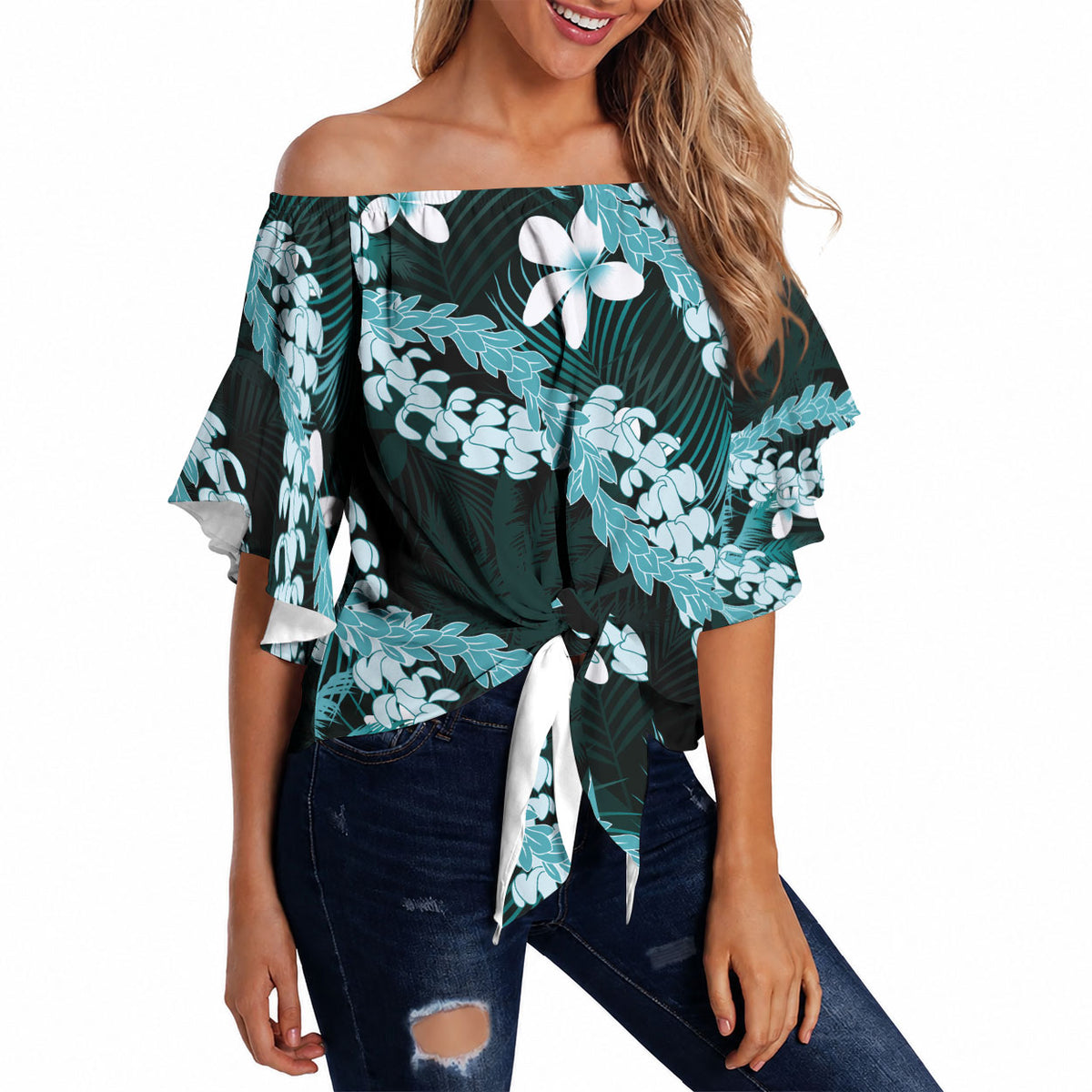 Puakenikeni Maile Lei Off Shoulder Wrap Waist Top Frangipani Turquoise Tropical Leaves LT01 - Polynesian Pride