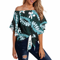 Puakenikeni Maile Lei Off Shoulder Wrap Waist Top Frangipani Turquoise Tropical Leaves LT01 - Polynesian Pride