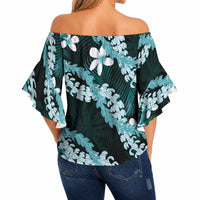 Puakenikeni Maile Lei Off Shoulder Wrap Waist Top Frangipani Turquoise Tropical Leaves LT01 - Polynesian Pride