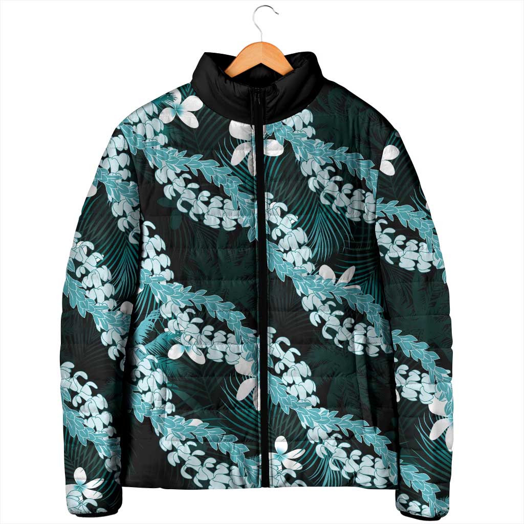 Puakenikeni Maile Lei Padded Jacket Frangipani Turquoise Tropical Leaves