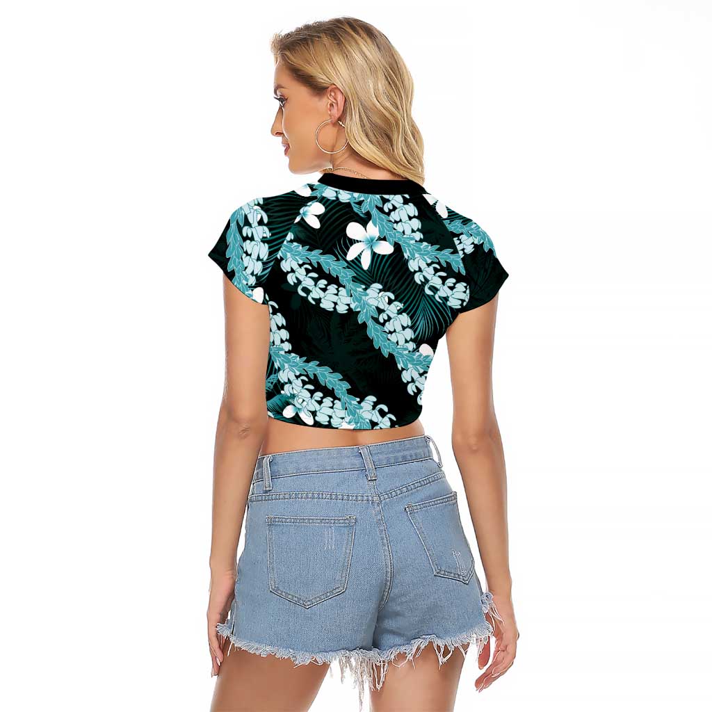 Puakenikeni Maile Lei Raglan Cropped T Shirt Frangipani Turquoise Tropical Leaves