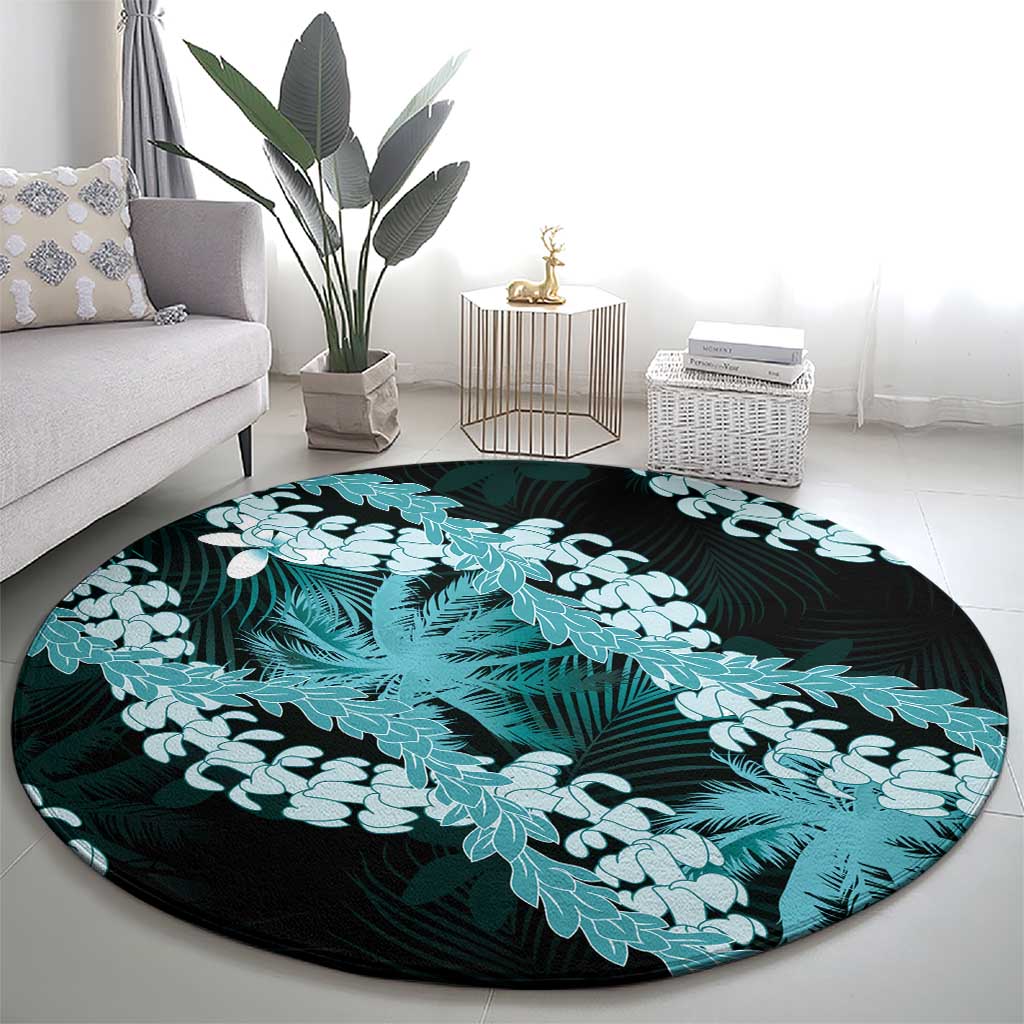 Puakenikeni Maile Lei Round Carpet Frangipani Turquoise Tropical Leaves