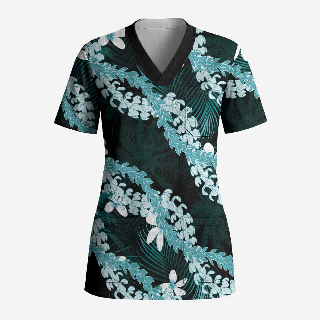 Puakenikeni Maile Lei Scrub Top Frangipani Turquoise Tropical Leaves