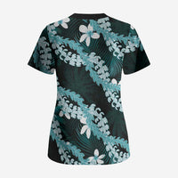 Puakenikeni Maile Lei Scrub Top Frangipani Turquoise Tropical Leaves