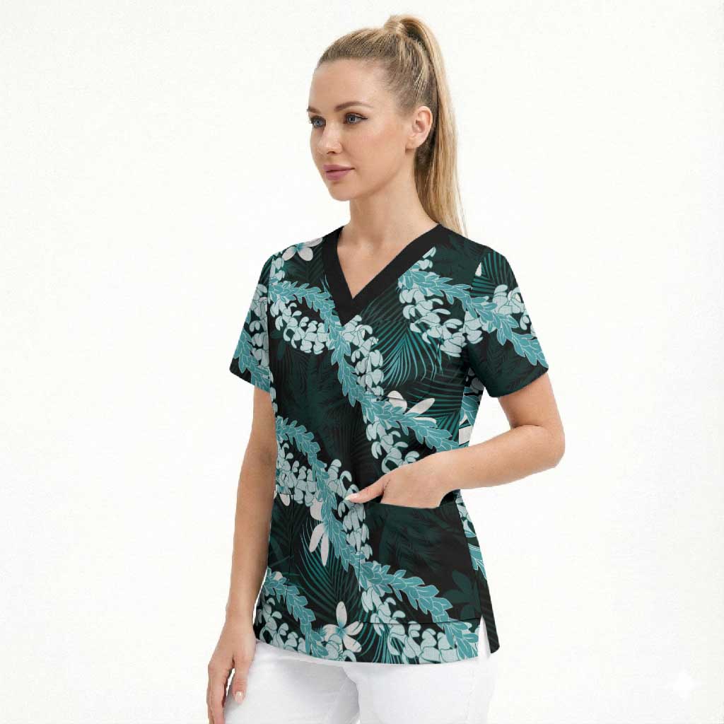 Puakenikeni Maile Lei Scrub Top Frangipani Turquoise Tropical Leaves