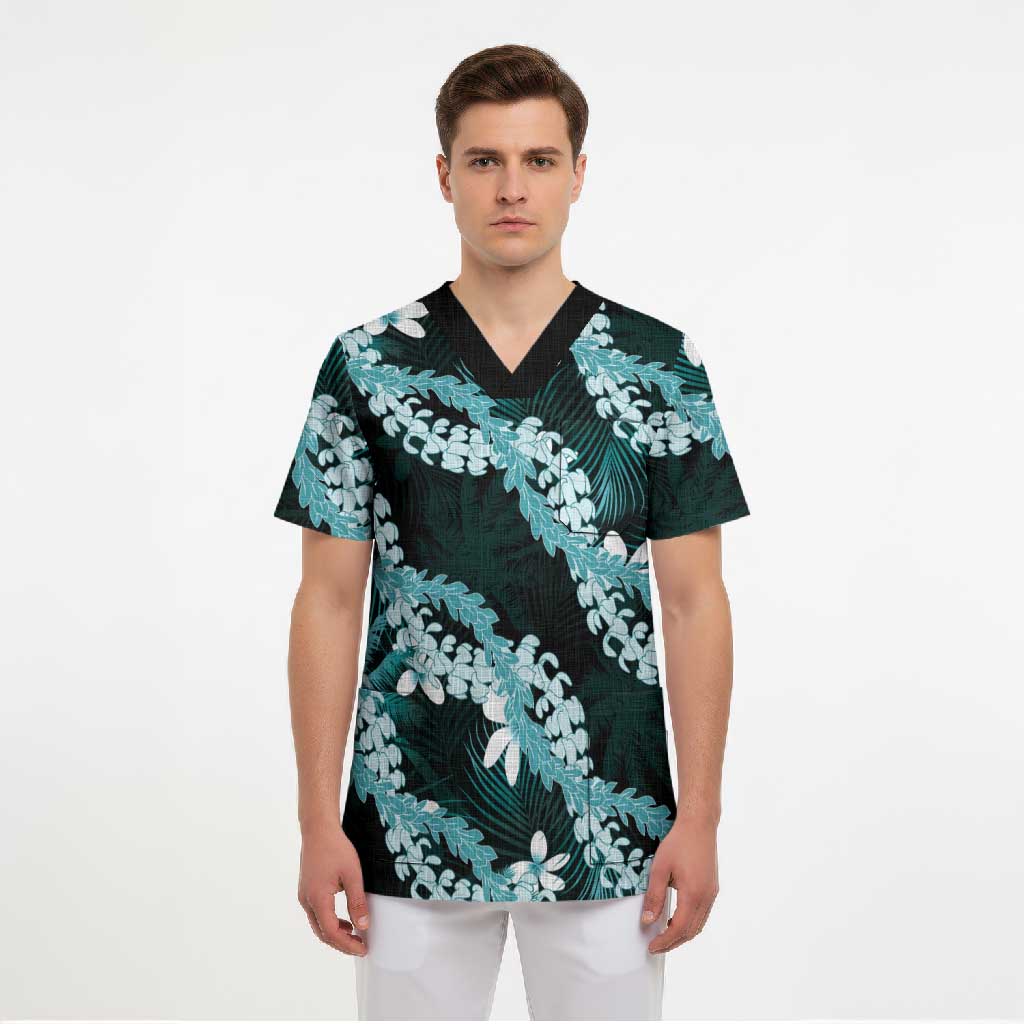 Puakenikeni Maile Lei Scrub Top Frangipani Turquoise Tropical Leaves