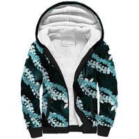 Puakenikeni Maile Lei Sherpa Hoodie Frangipani Turquoise Tropical Leaves LT01 Unisex Turquoise - Polynesian Pride