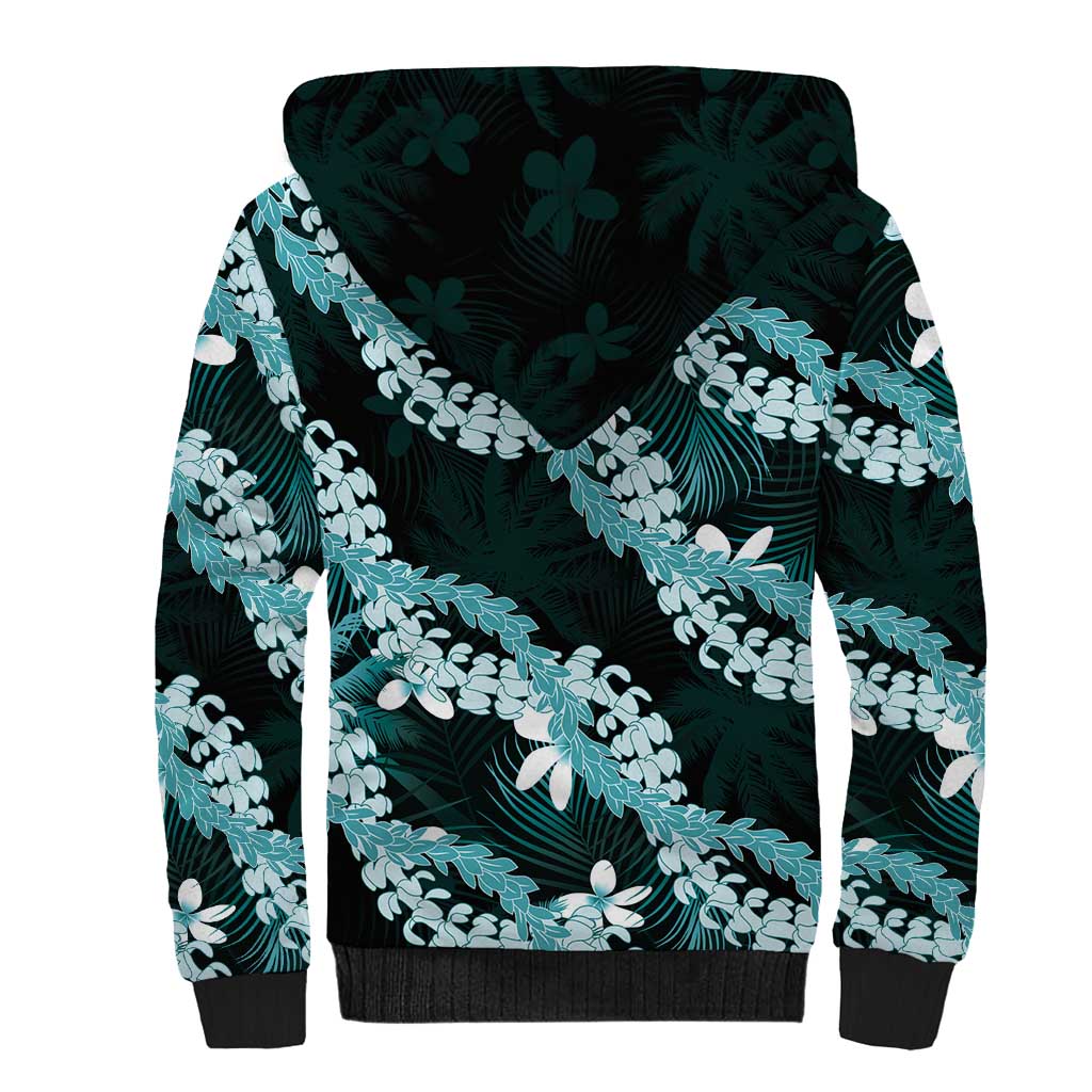 Puakenikeni Maile Lei Sherpa Hoodie Frangipani Turquoise Tropical Leaves LT01 - Polynesian Pride