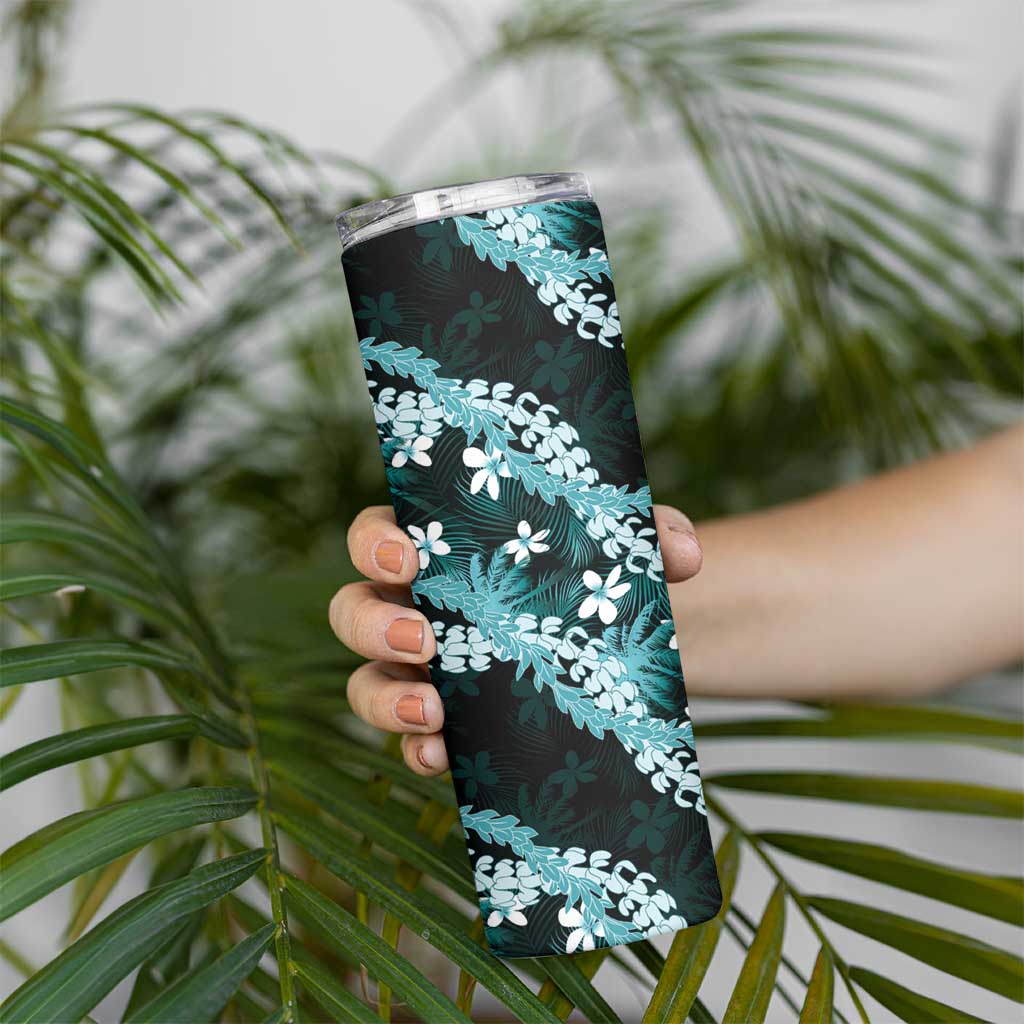 Puakenikeni Maile Lei Skinny Tumbler Frangipani Turquoise Tropical Leaves LT01 - Polynesian Pride