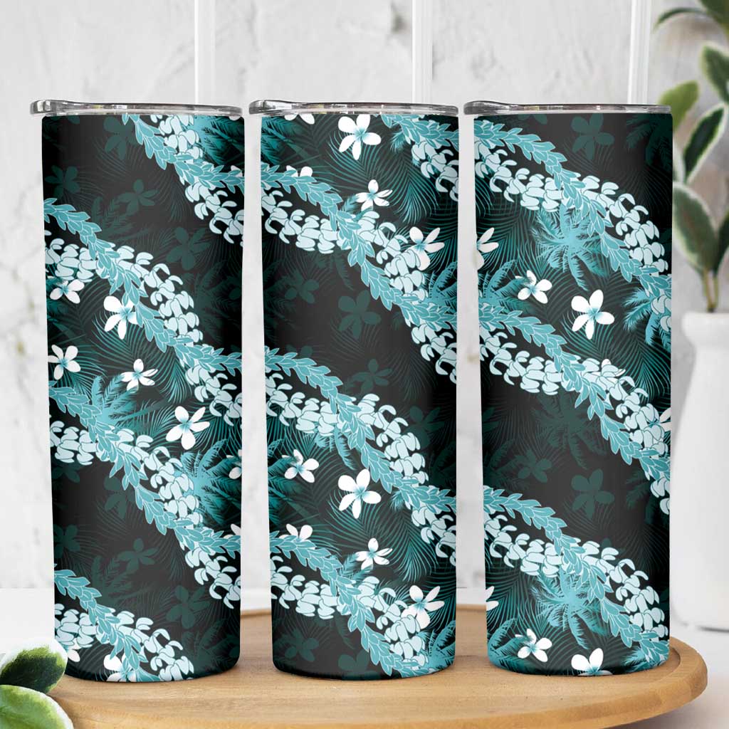 Puakenikeni Maile Lei Skinny Tumbler Frangipani Turquoise Tropical Leaves LT01 - Polynesian Pride