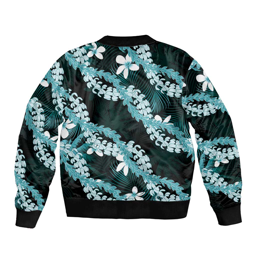 Puakenikeni Maile Lei Sleeve Zip Bomber Jacket Frangipani Turquoise Tropical Leaves