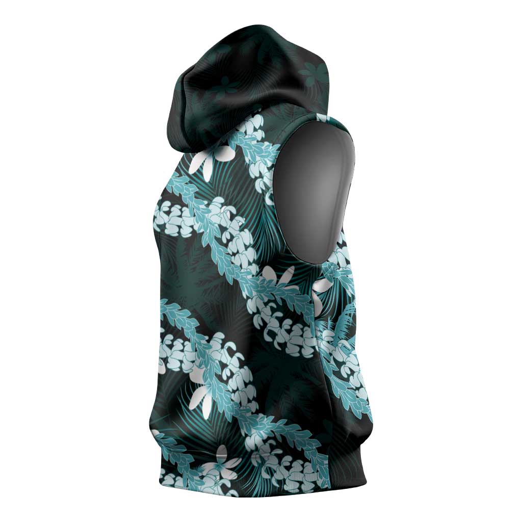 Puakenikeni Maile Lei Sleeveless Hoodie Frangipani Turquoise Tropical Leaves LT01 - Polynesian Pride