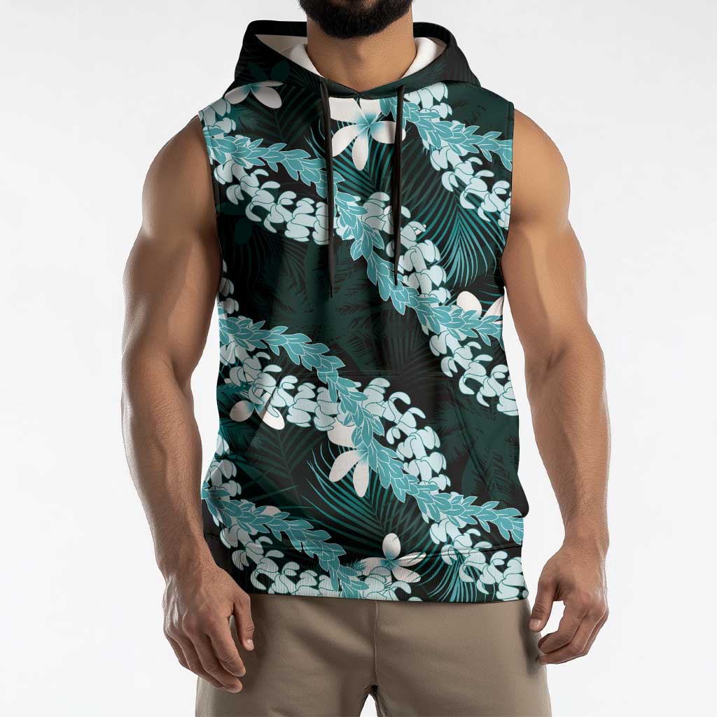 Puakenikeni Maile Lei Sleeveless Hoodie Frangipani Turquoise Tropical Leaves LT01 - Polynesian Pride