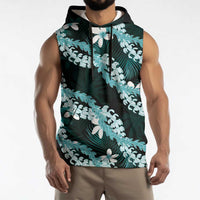 Puakenikeni Maile Lei Sleeveless Hoodie Frangipani Turquoise Tropical Leaves LT01 - Polynesian Pride