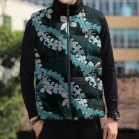 Puakenikeni Maile Lei Sleeveless Puffer Jacket Frangipani Turquoise Tropical Leaves LT01 - Polynesian Pride