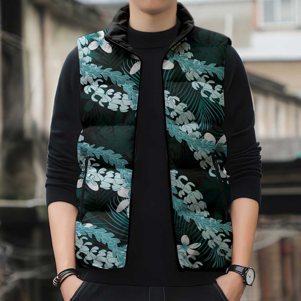 Puakenikeni Maile Lei Sleeveless Puffer Jacket Frangipani Turquoise Tropical Leaves LT01 - Polynesian Pride
