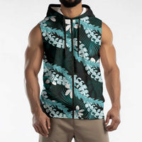 Puakenikeni Maile Lei Sleeveless Zip Hoodie Frangipani Turquoise Tropical Leaves LT01 - Polynesian Pride